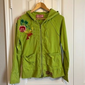 Vintage Johnny Was JWLA Green Embroidered Zip Up Hooded Jacket Size Large
